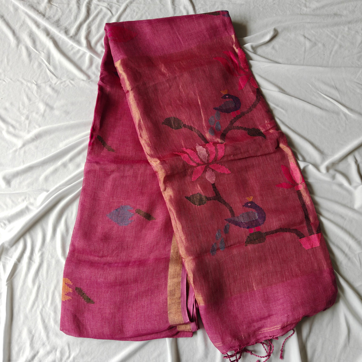 Pure Linen Paithani Saree with Peacock and Lotus Motifs