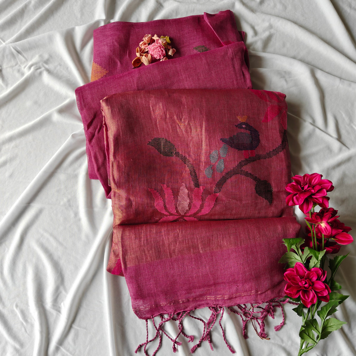 Pure Linen Paithani Saree with Peacock and Lotus Motifs