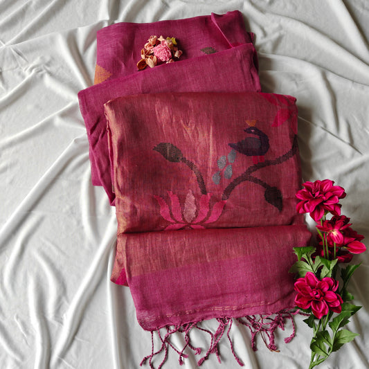 Pure Linen Paithani Saree with Peacock and Lotus Motifs