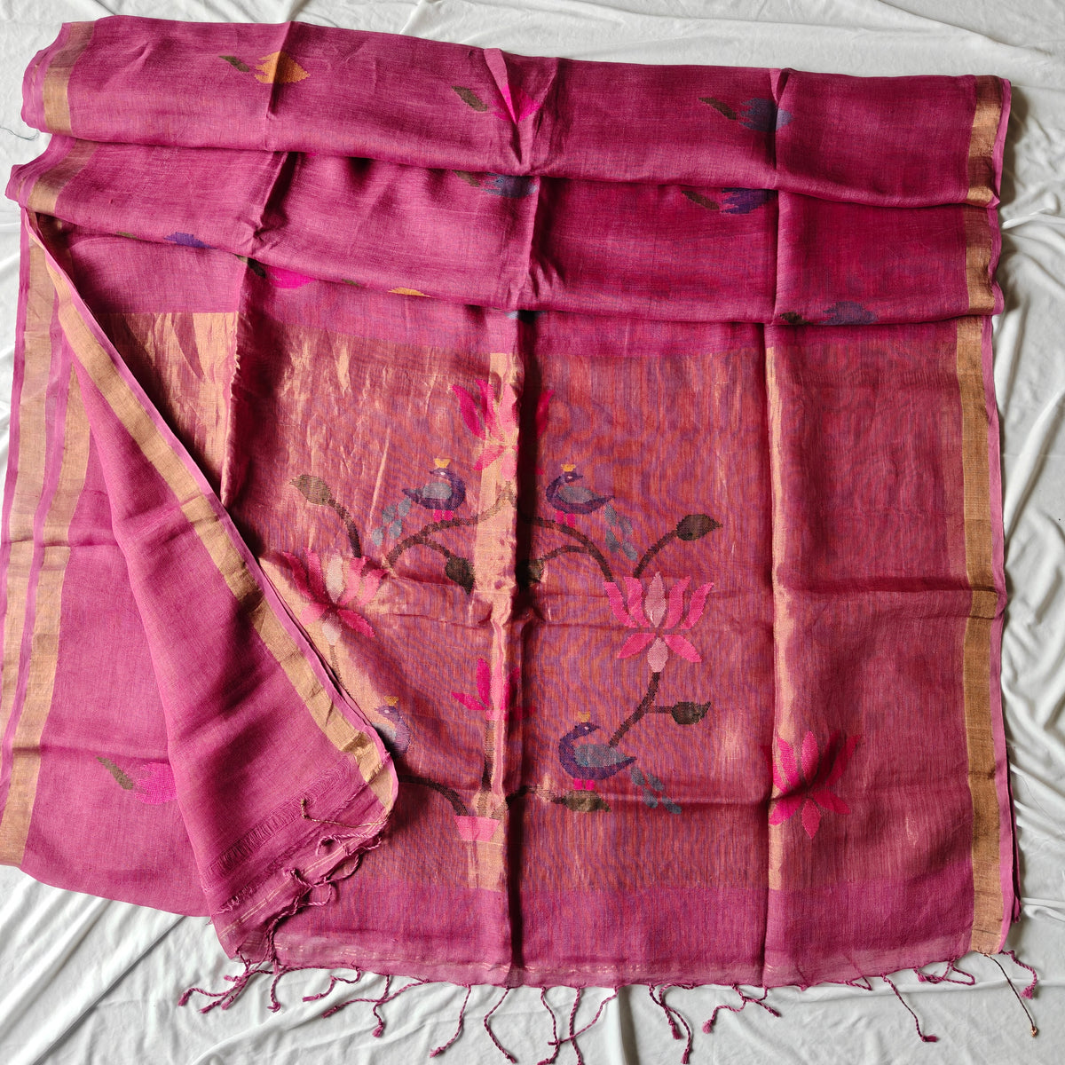 Pure Linen Paithani Saree with Peacock and Lotus Motifs