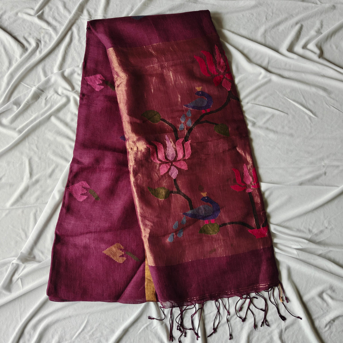 Pure Linen Paithani Saree with Peacock and Lotus Motifs