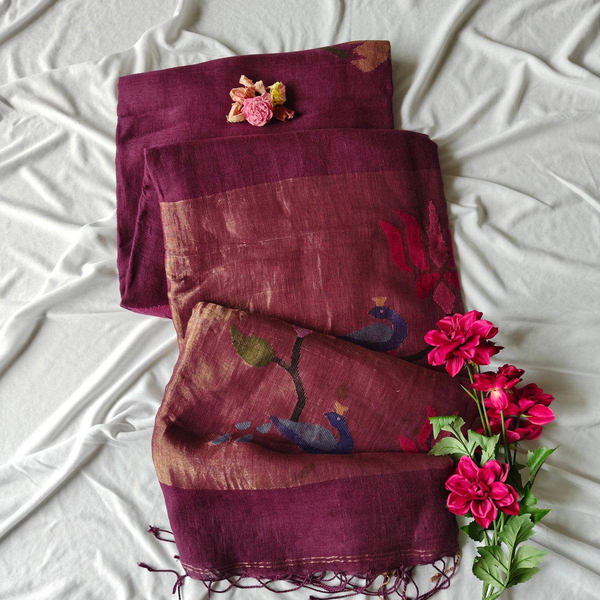 Pure Linen Paithani Saree with Peacock and Lotus Motifs