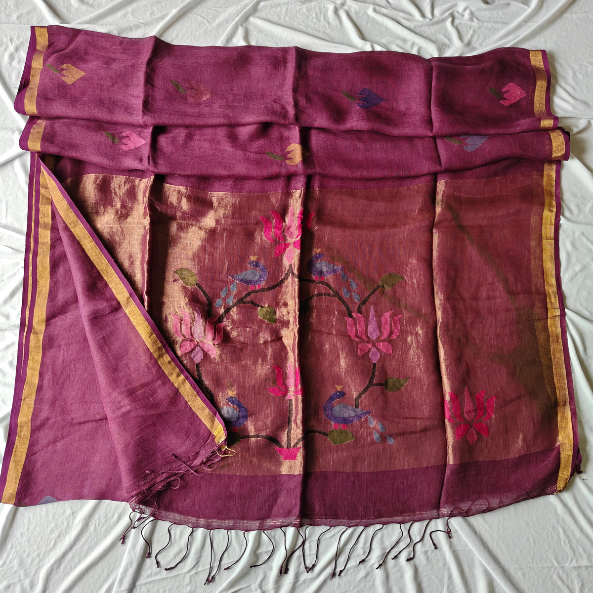 Pure Linen Paithani Saree with Peacock and Lotus Motifs
