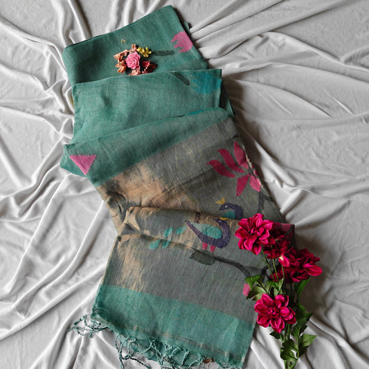 Pure Linen Paithani Saree with Peacock and Lotus Motifs
