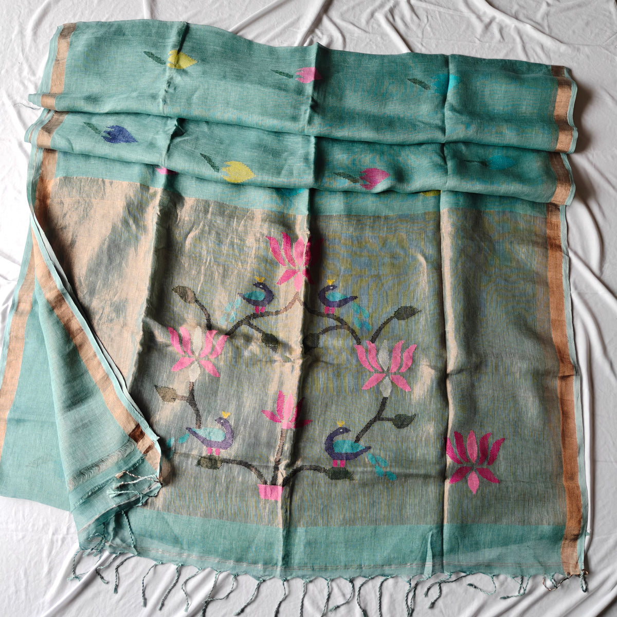 Pure Linen Paithani Saree with Peacock and Lotus Motifs