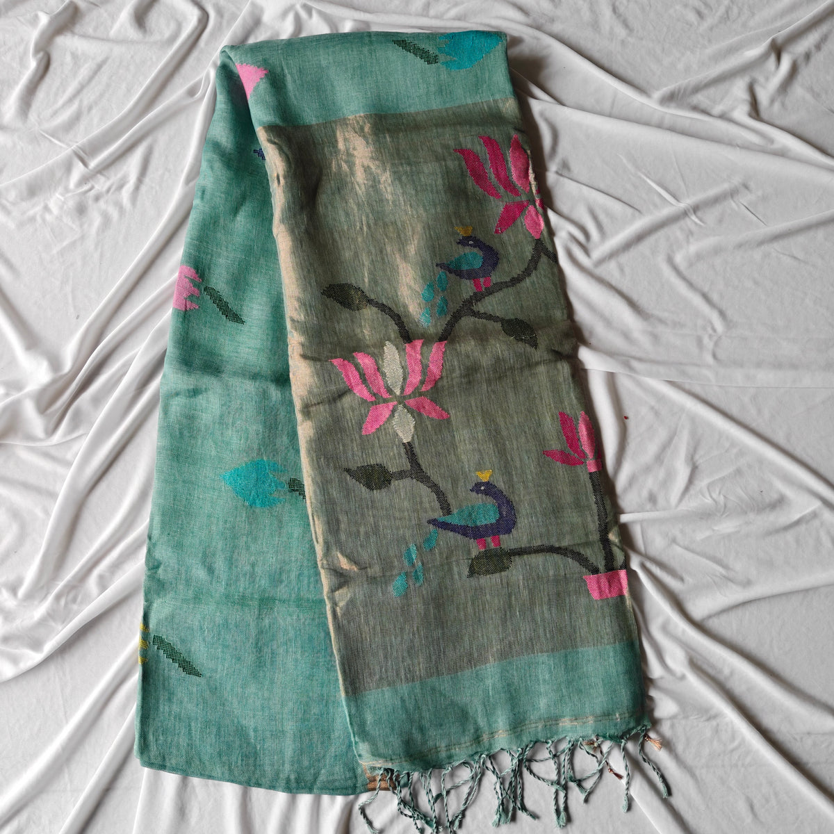Pure Linen Paithani Saree with Peacock and Lotus Motifs