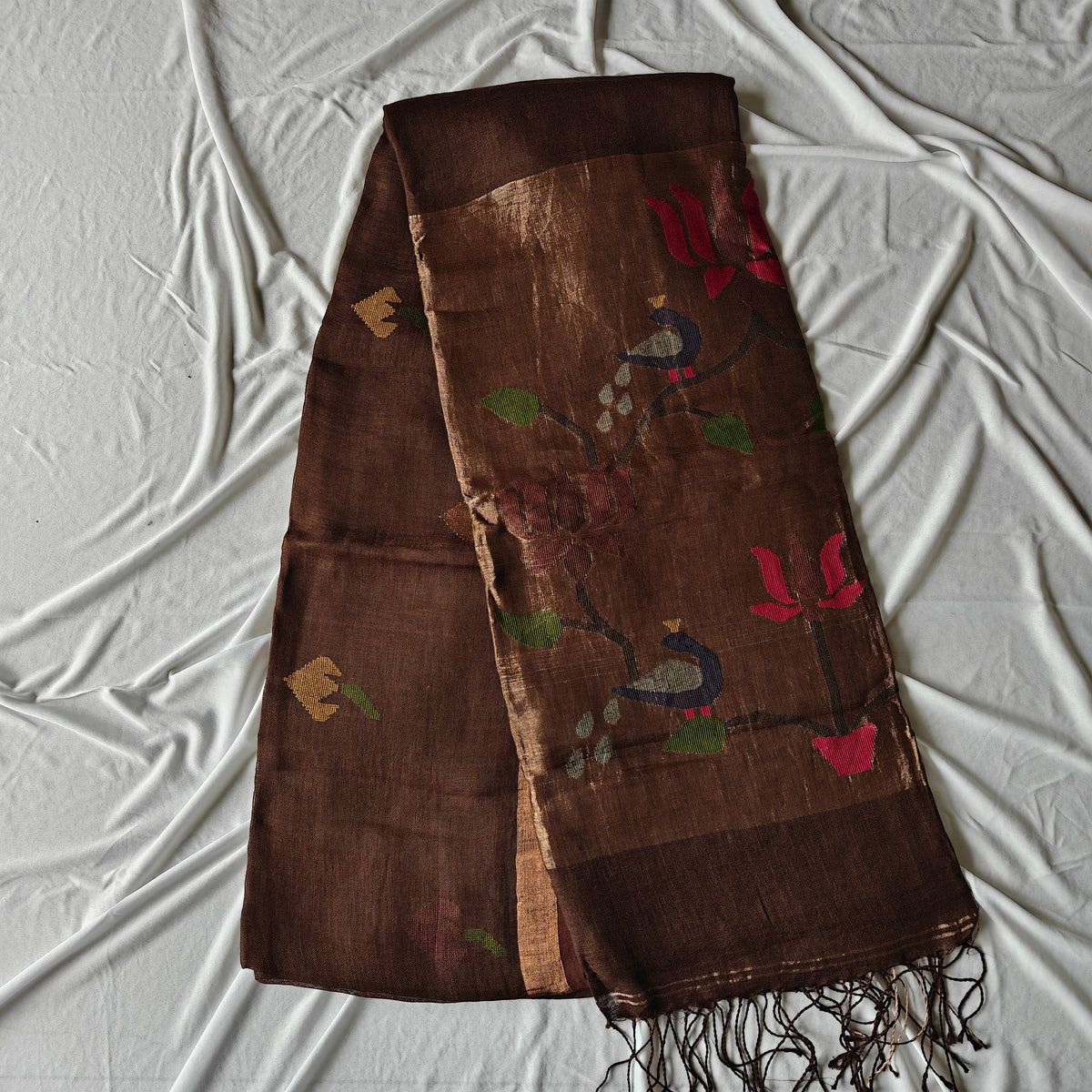 Pure Linen Paithani Saree with Peacock and Lotus Motifs