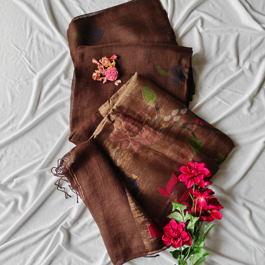 Pure Linen Paithani Saree with Peacock and Lotus Motifs