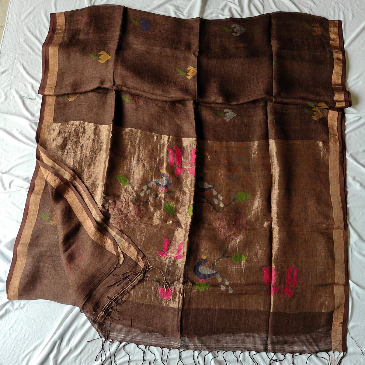 Pure Linen Paithani Saree with Peacock and Lotus Motifs