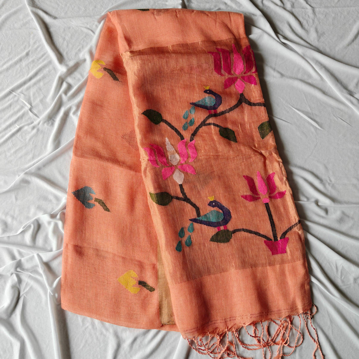 Pure Linen Paithani Saree with Peacock and Lotus Motifs