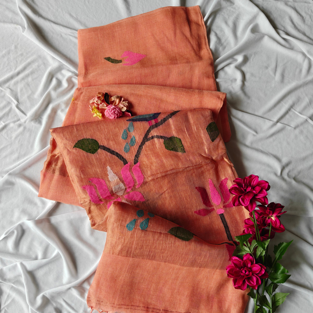 Pure Linen Paithani Saree with Peacock and Lotus Motifs