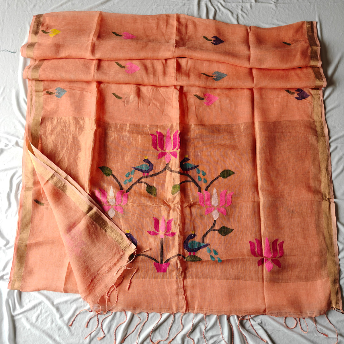 Pure Linen Paithani Saree with Peacock and Lotus Motifs