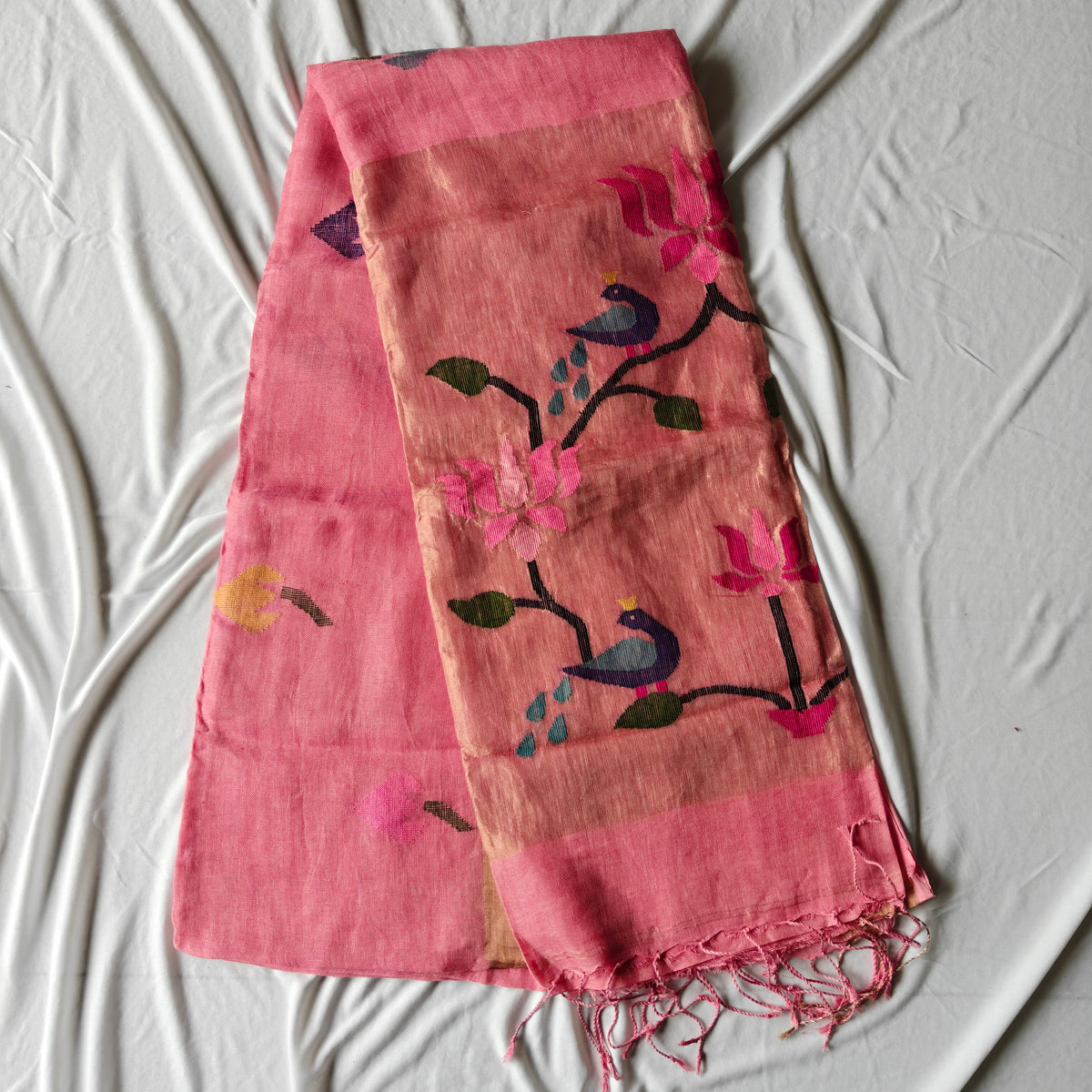 Pure Linen Paithani Saree with Peacock and Lotus Motifs