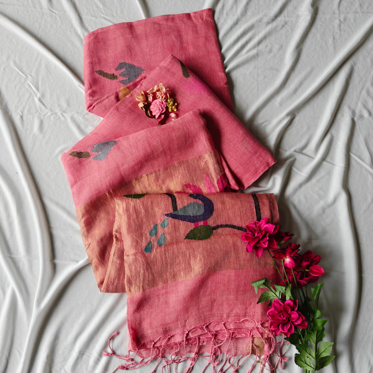 Pure Linen Paithani Saree with Peacock and Lotus Motifs