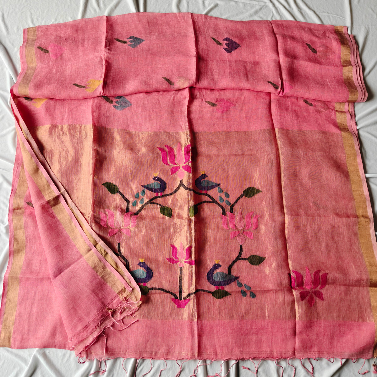 Pure Linen Paithani Saree with Peacock and Lotus Motifs