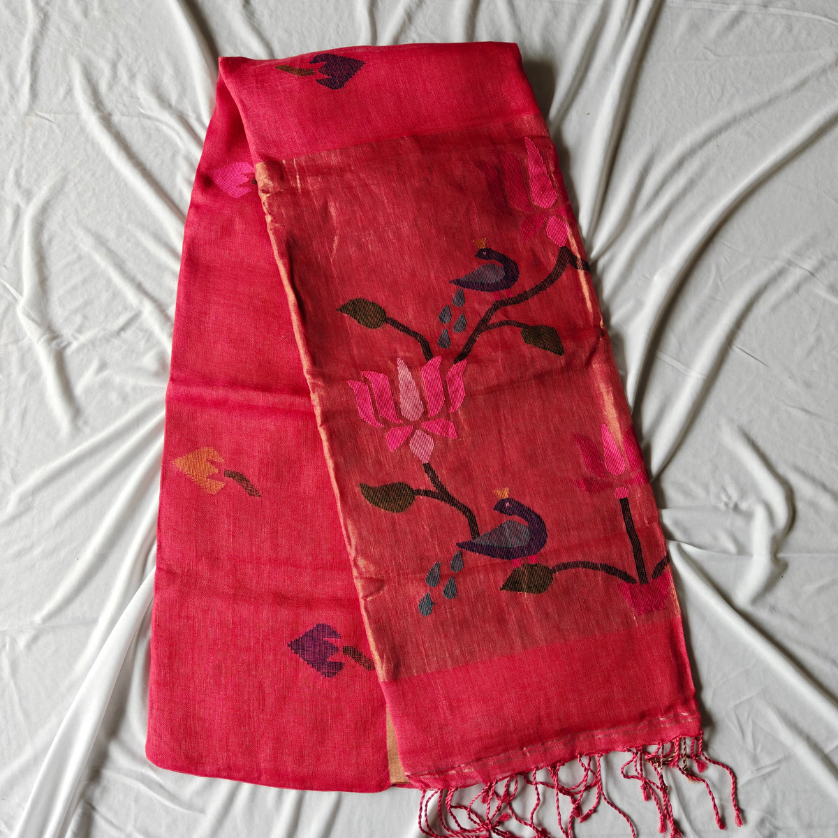 Pure Linen Paithani Saree with Peacock and Lotus Motifs