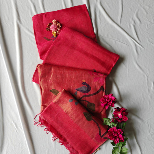 Pure Linen Paithani Saree with Peacock and Lotus Motifs