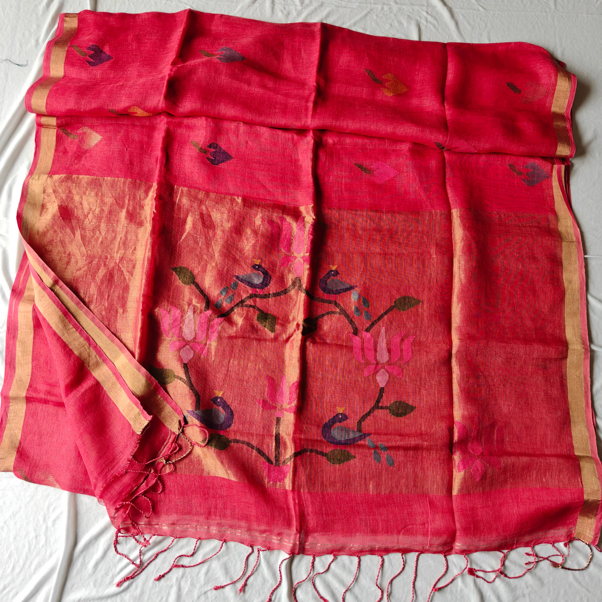 Pure Linen Paithani Saree with Peacock and Lotus Motifs