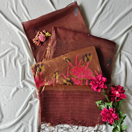 Linen Saree with Tissue Pallu, intricate Lotus Design