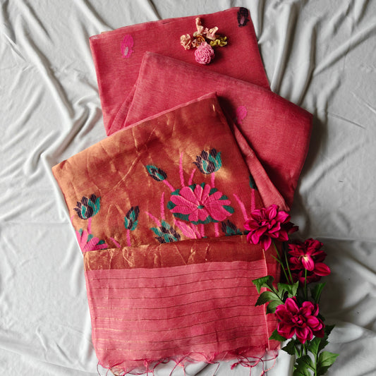 Linen Saree with Tissue Pallu, intricate Lotus Design