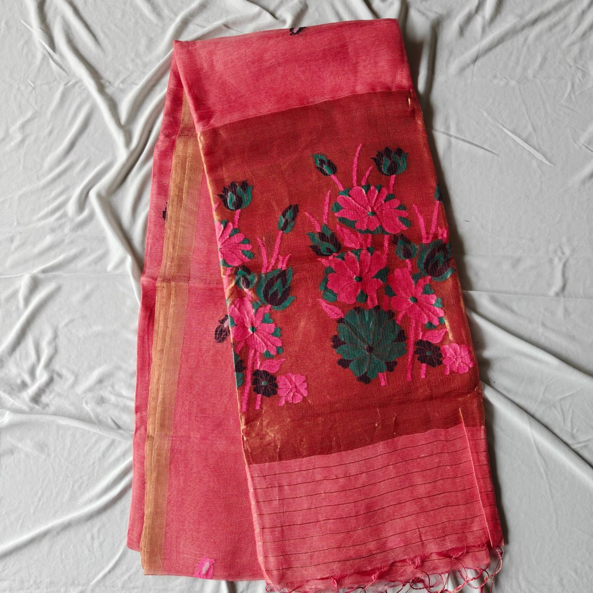 Linen Saree with Tissue Pallu, intricate Lotus Design