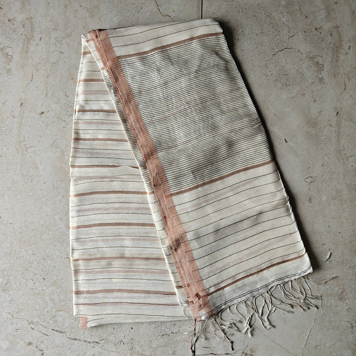 White Silk Linen Silk Saree with Zari Panels