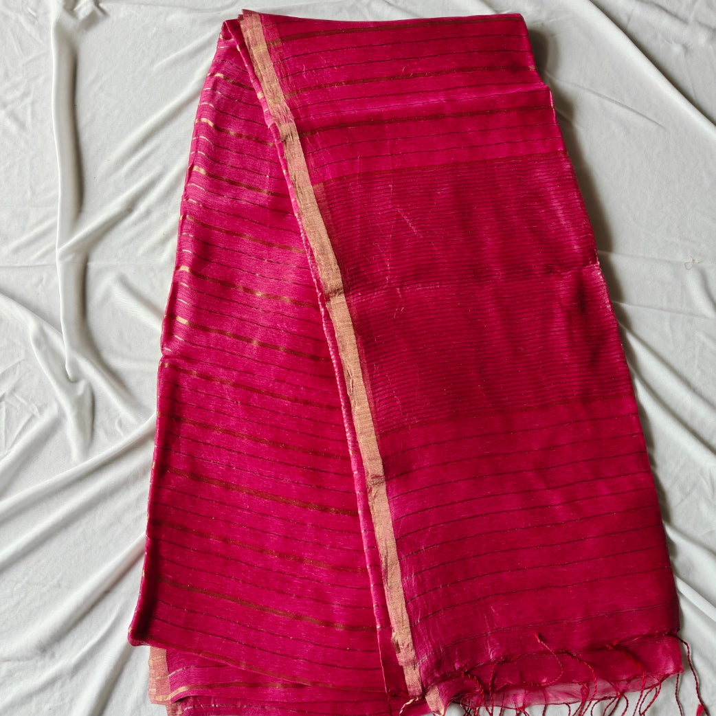 Pink Silk Linen Silk Saree with Zari Panels