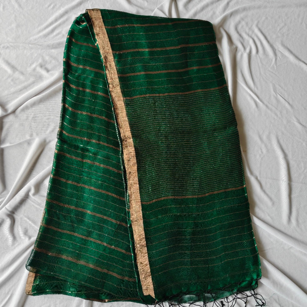 Green Silk Linen Silk Saree with Zari Panels