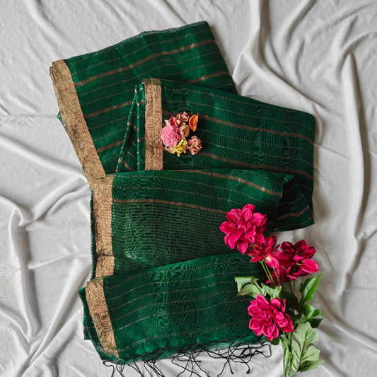 Green Silk Linen Silk Saree with Zari Panels