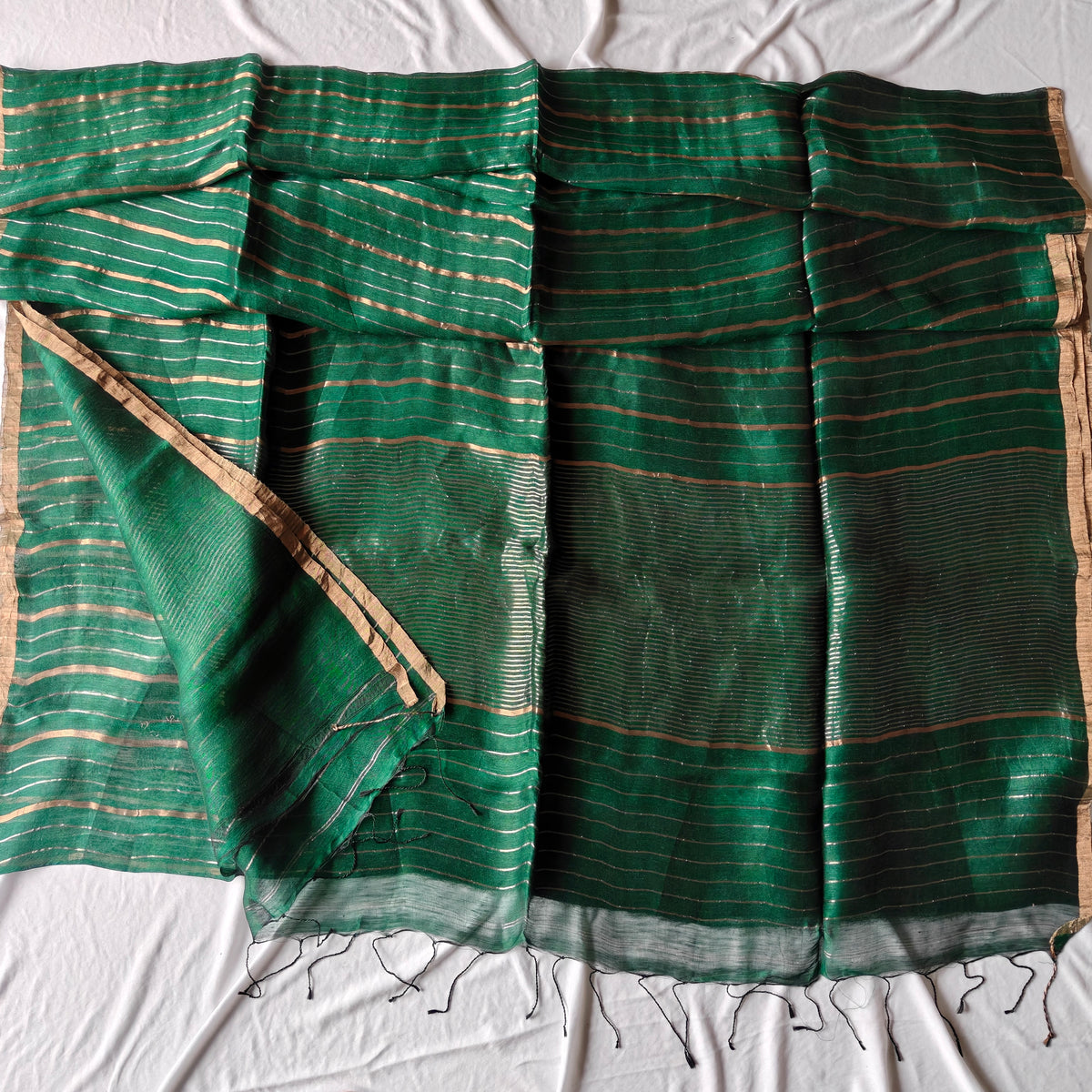 Green Silk Linen Silk Saree with Zari Panels