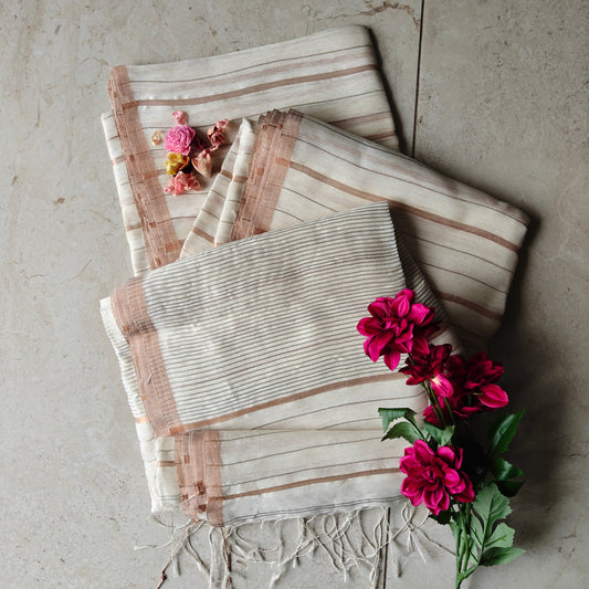White Silk Linen Silk Saree with Zari Panels