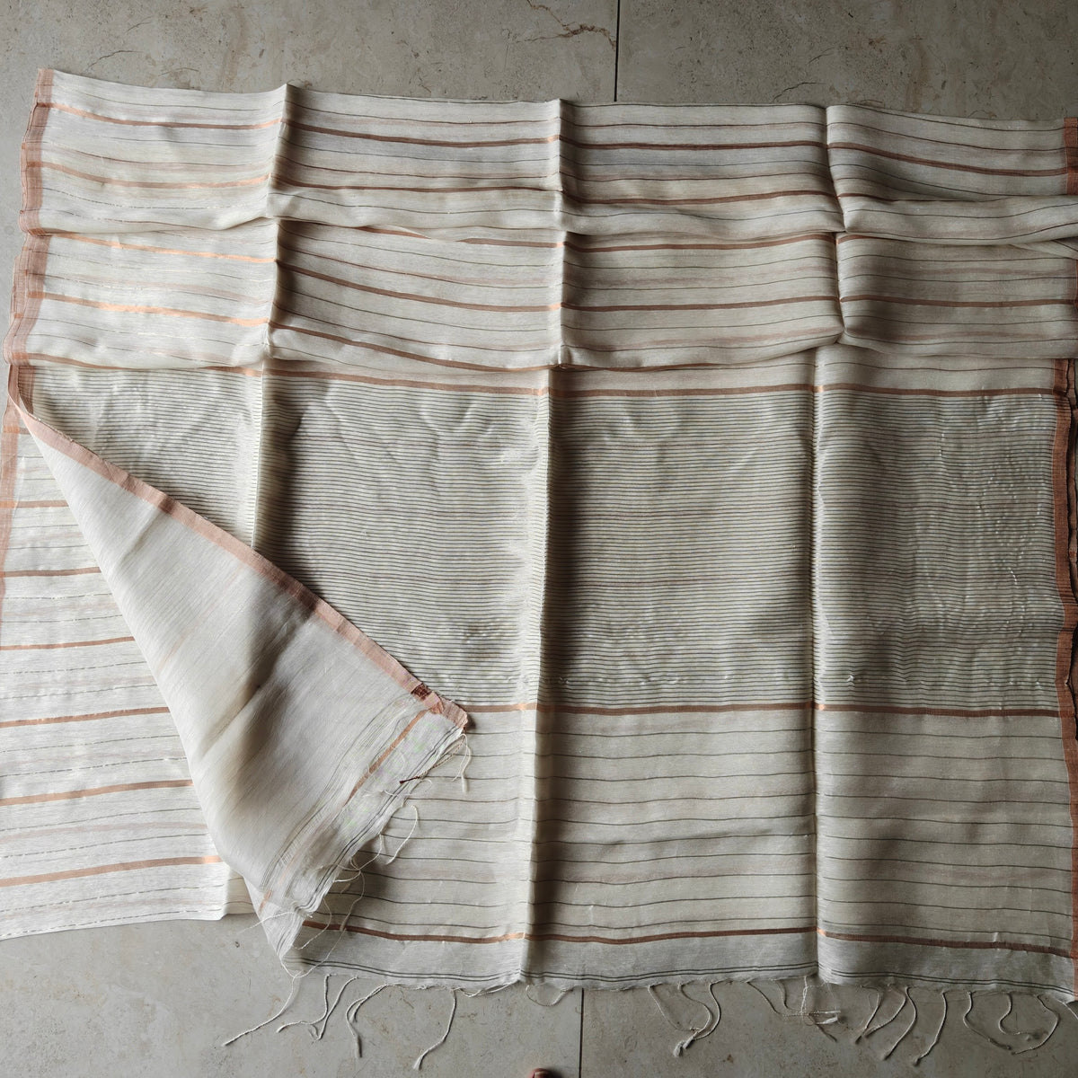 White Silk Linen Silk Saree with Zari Panels