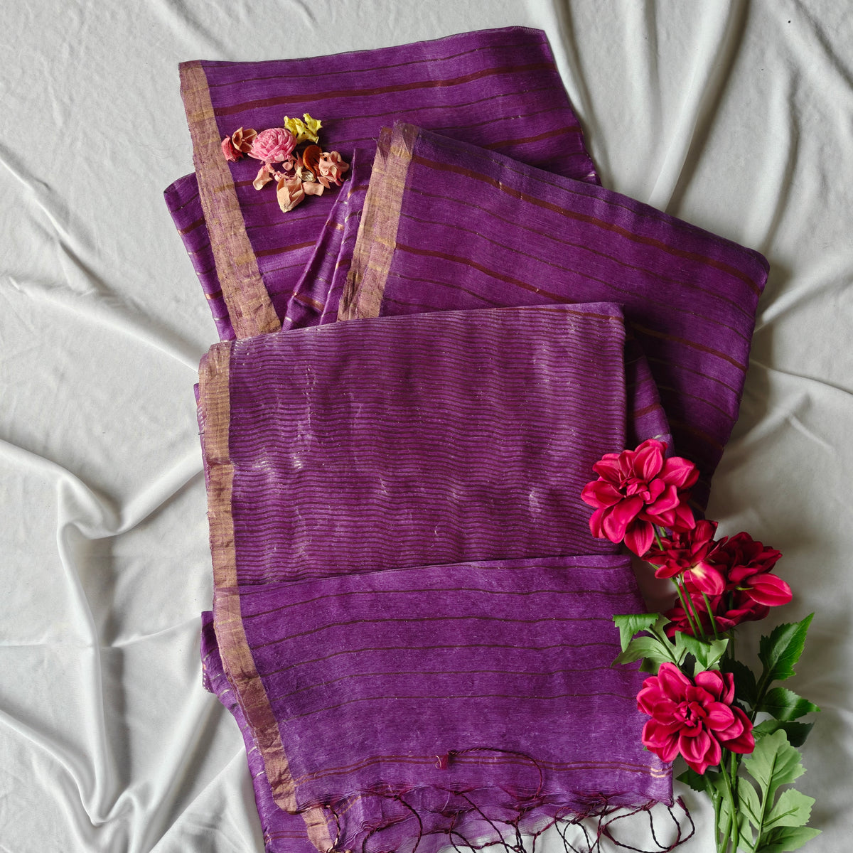 Purple Silk Linen Silk Saree with Zari Panels