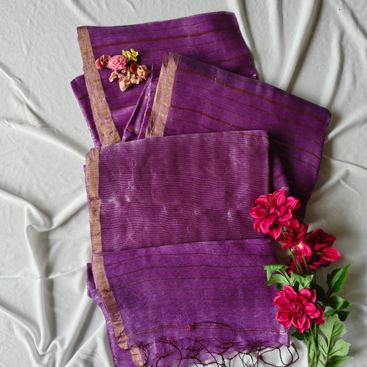 Purple Silk Linen Silk Saree with Zari Panels