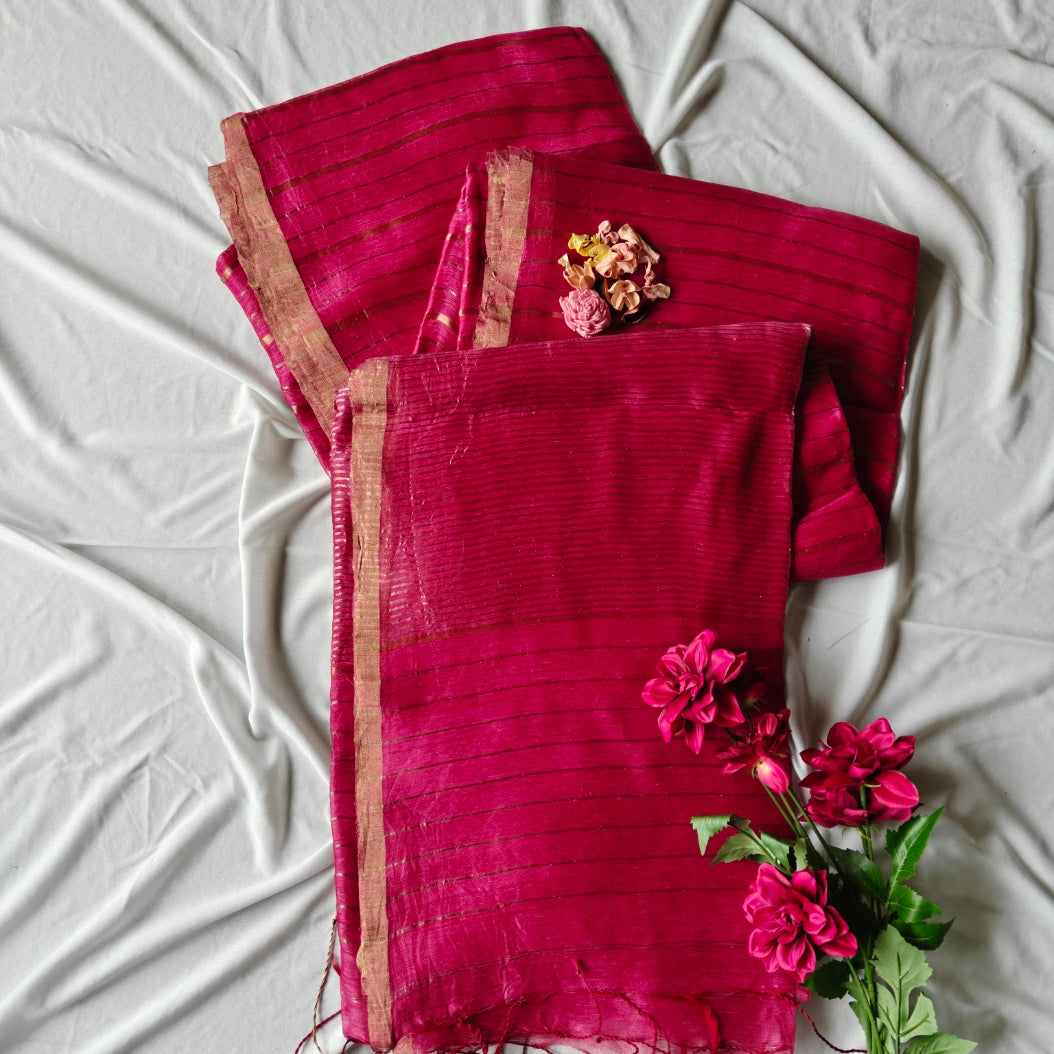 Pink Silk Linen Silk Saree with Zari Panels