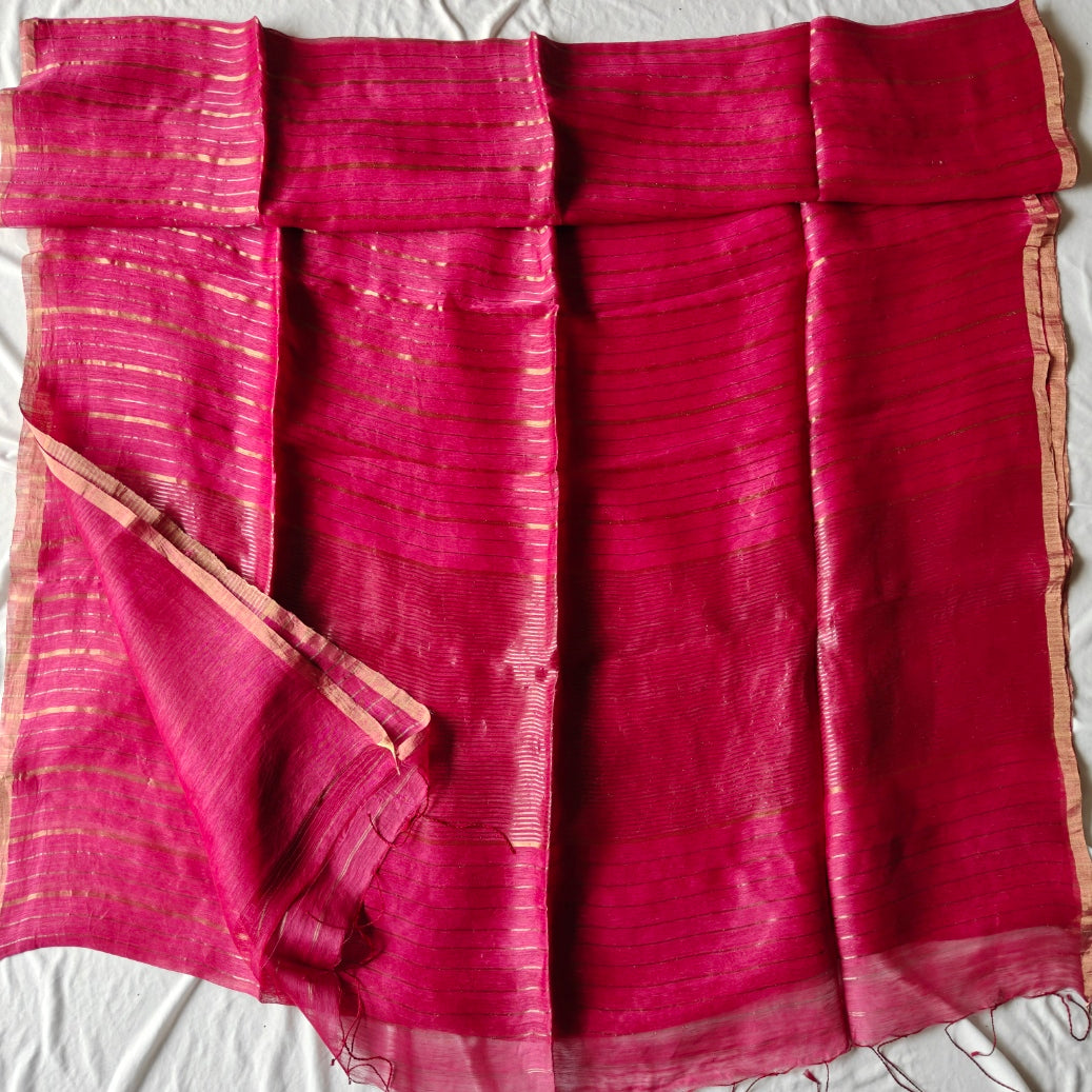 Pink Silk Linen Silk Saree with Zari Panels
