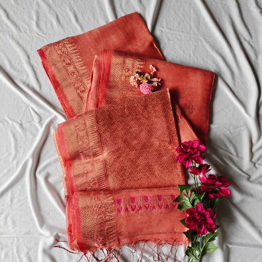 peach Banarsi Linen Silk Saree