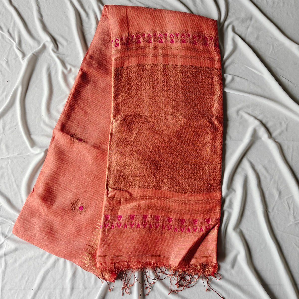 peach Banarsi Linen Silk Saree