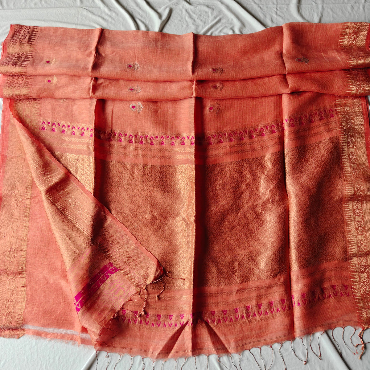 peach Banarsi Linen Silk Saree