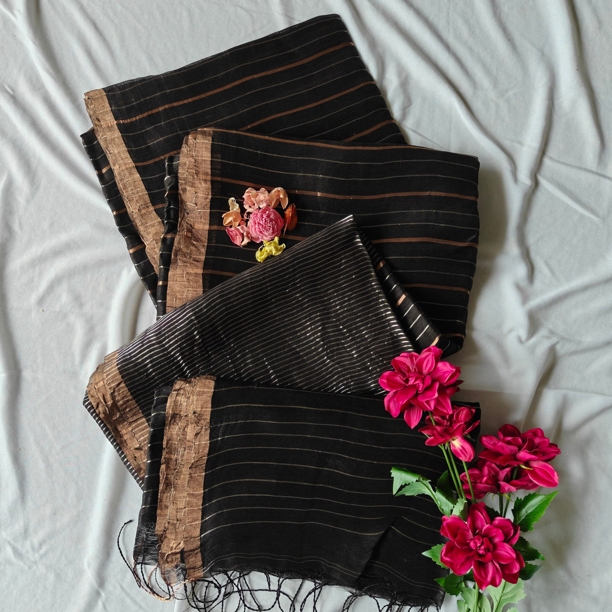Black Silk Linen Silk Saree with Zari Panels