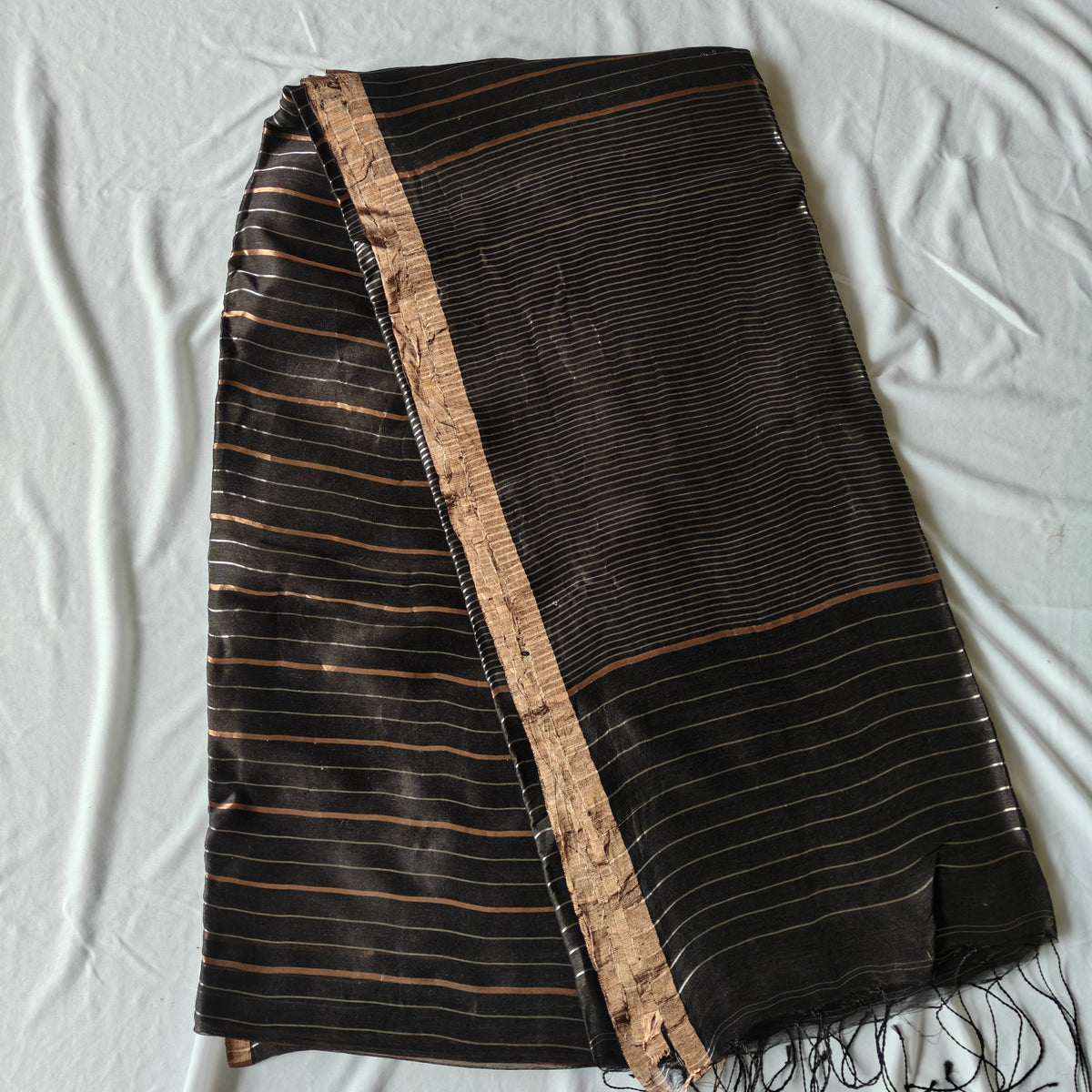 Black Silk Linen Silk Saree with Zari Panels