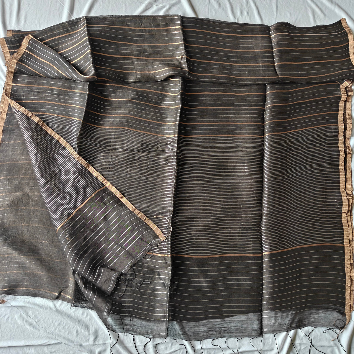 Black Silk Linen Silk Saree with Zari Panels